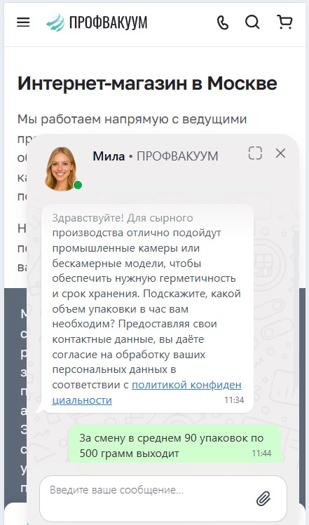 ИИ-менеджер на сайте собирает контакты покупателя